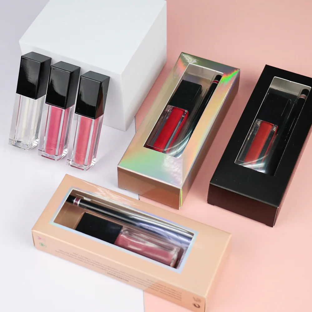 Private Label Waterproof Matte Liquid Lipgloss Set Lip Liner Pencil 2 in 1 Gloss Kit Sets