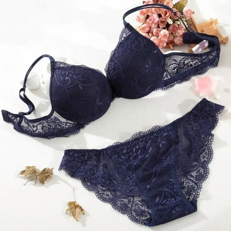 Low Price Women Fashion 2 Piece Solid sexy Transparent Lace Underwire bras Push Up Underwear Panty Bra Brief Set