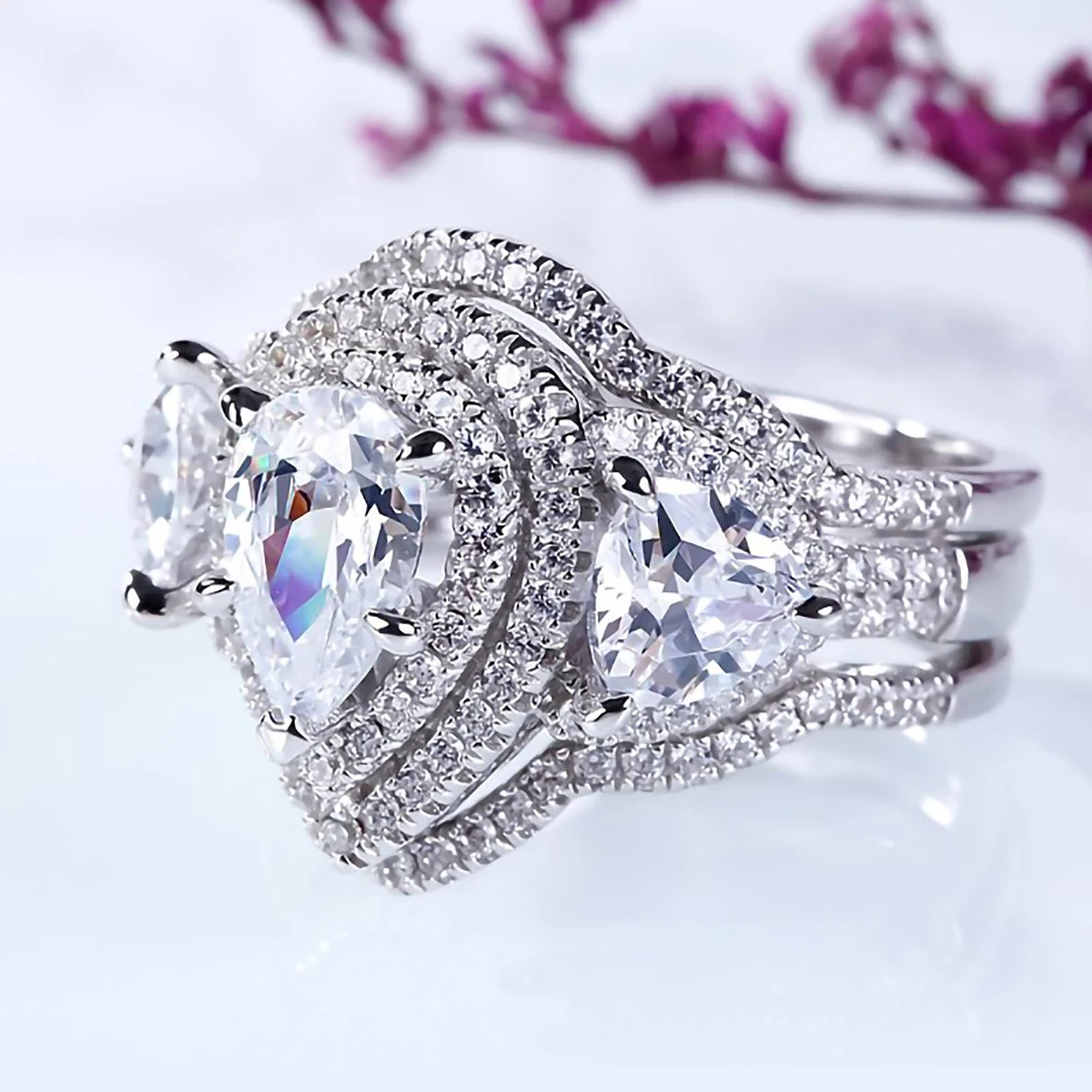 CAOSHI Factory Gorgeous Dazzling Pear Crystal Imitated Diamond 3Pcs Set Rings For Luxury Women Wedding Silver Plated Rings OEM
