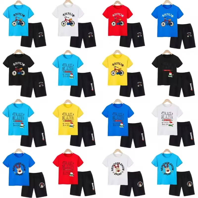 Hot Selling Summer 2pcs Kids Outfits Short Sleeve T-shirt and Shorts Plaid Casual Children Boy Clothes Set