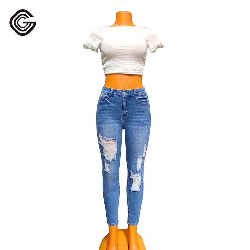 Оптовая продажа светло-голубые облегающие джинсы до щиколотки с высокой посадкой для