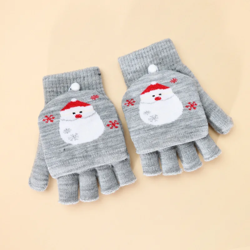 Ladies Teenager Winter Half Finger Thickened Warm Knitted Christmas Cartoon Cute Gloves