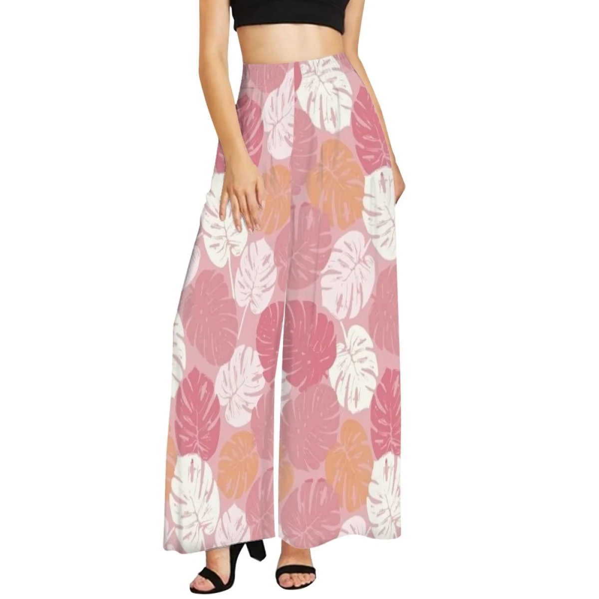 Plus Size Custom Print Women Hawaii Tropical Wide Leg Pants Breathable Loose Wide Leg Pant Women Jungle Monstera Leaves Print