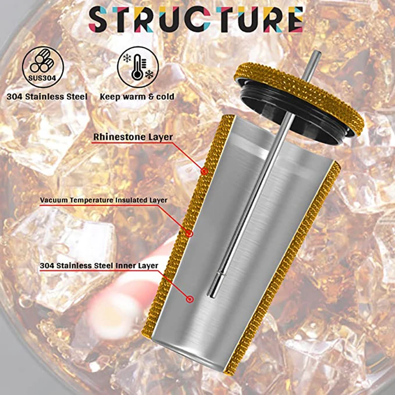Bling Rhinestone Diamond Tumbler Glitter Water Bottle with Lid Stainless Steel Vacuum Thermal Straw  fancy vacuum tumbler