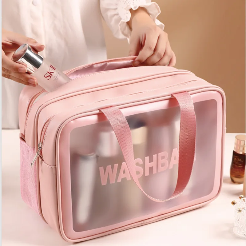 Double layer transparent PU waterproof makeup bag Solid color portable toiletry bag Advanced large capacity storage bag