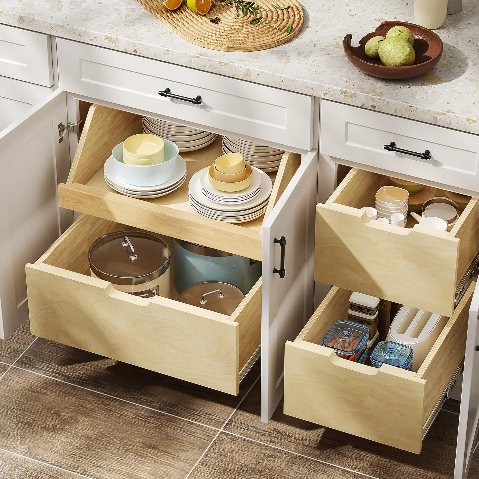Soft Close Pull Out Cabinet Organizer Drawer Wood Slide Out Shelves Cabinet Storage Organizer with Full Extension Rail Slides