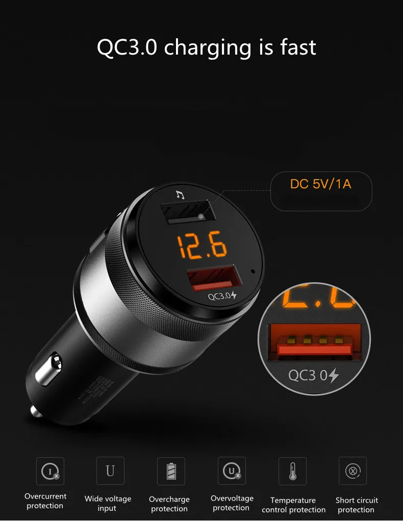 Quick charge 3.0 Car BT FM Transmitter Dual USB Ports Car Charger FM Modulator MP3 Player Car Lighter Handfree