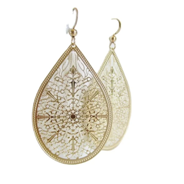 18k Gold Plated Openwork Carved Filigree Earrings Modern Style Water Drop Shape Hypoallergenic Large Earrings