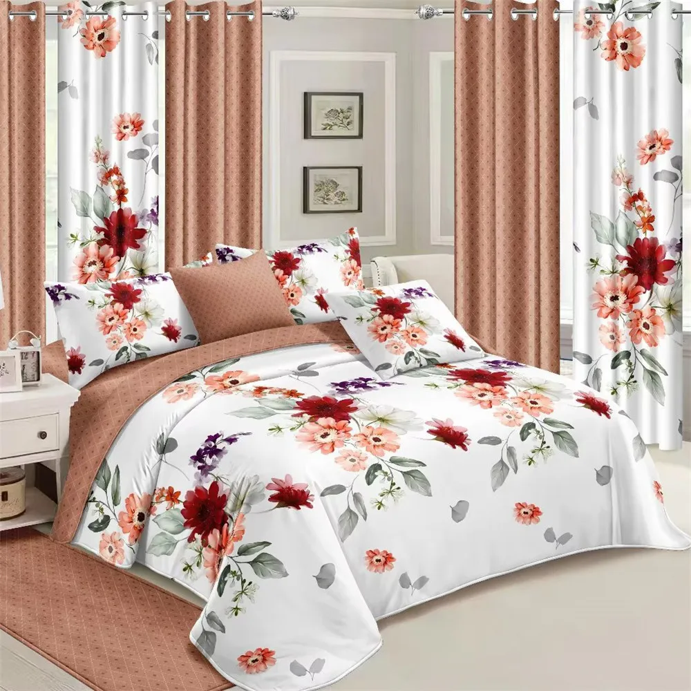Factory Direct Wholesale Online Floral Printed 6 Pc in 1 Bedroom Bed Bedsheet Blanket Cover Curtain Bedding Set