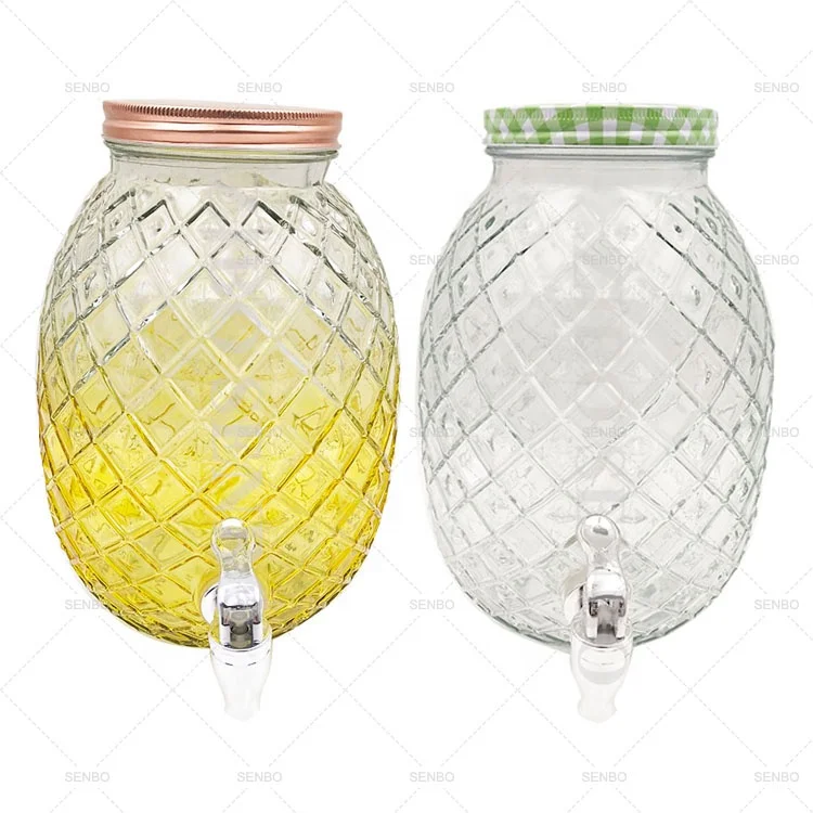 5L Yellow Pineapple Shape Glass Beverage Drink Water Dispenser with Tap and Metal Lid