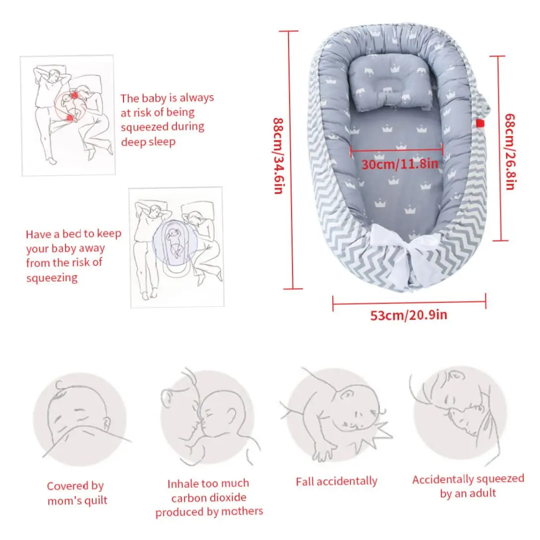 Portable Newborn Cushion Bed with Pillow Baby Lounger Pod Breathable Cotton Newborn Lounger