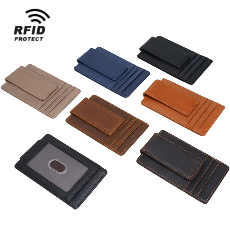 Vintage Men Custom Logo Slim Leather Front Pocket Wallet Strong Magnet Real Leather Money Clip With RFID