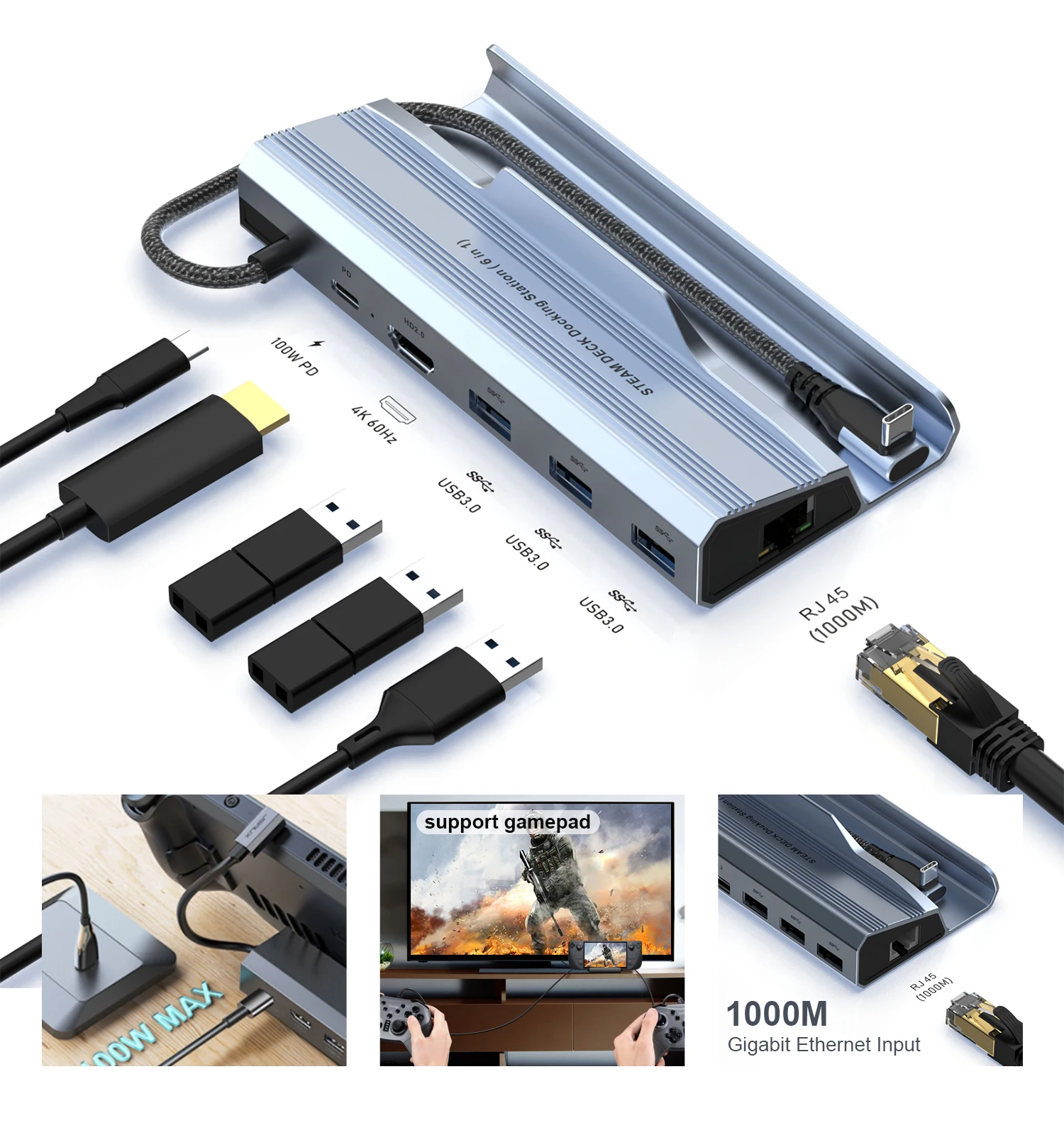 Паровая док-станция Usb3.0 6 в 1 PD 100 м зарядка 1000 Hdmi Vga для