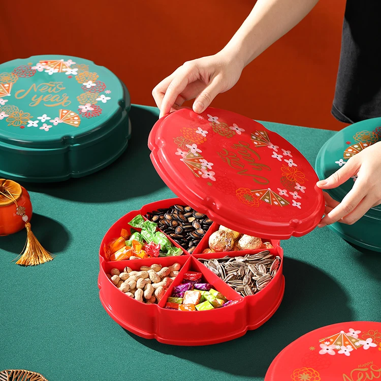 Customized Chinese New Year Plastic Nuts And Dried Fruit Plate Rotating Base Candy Box Wholesale