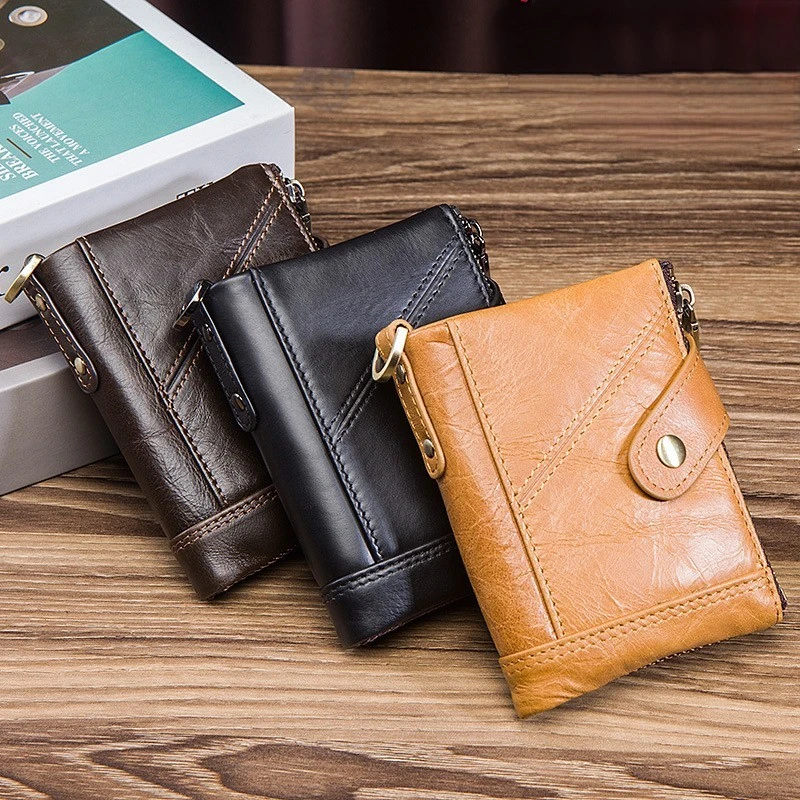 RU New Stylish Double  Cowhide Wallet Short Wallet Male Anti-theft Retro First Layer Cowhide Casual Coin Purse