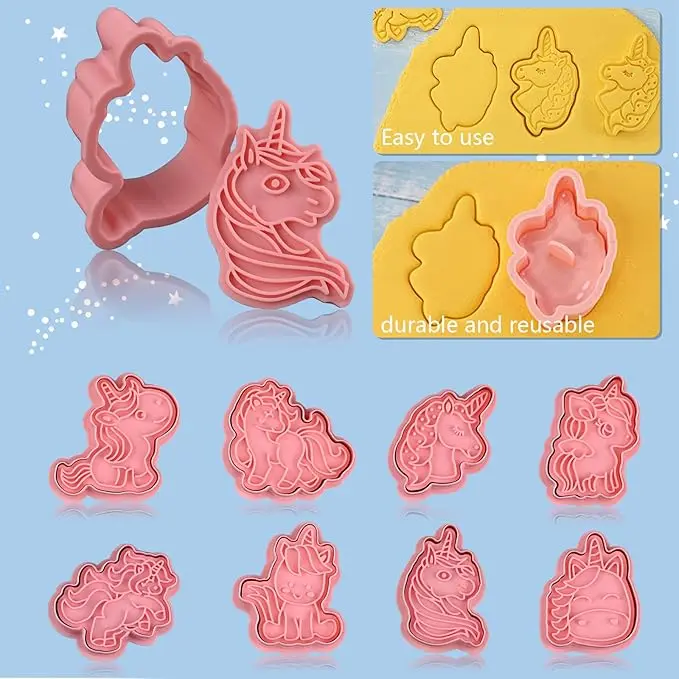 Unicorn Cookie Cutters With Plunger Stamps Set 8 Piece Unicorn Shape Embossing Cookie Stamp With Unicorn Head For Biscuit