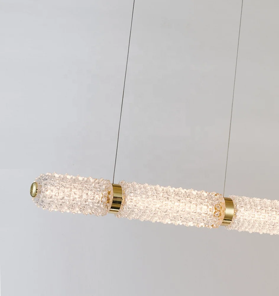 2023 New Modern golden crystal glass Cylindrical strip type LED villa pendant lamp dining table glass chandelier