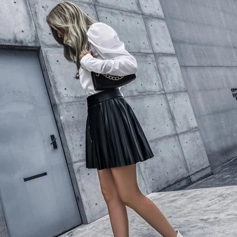 PU Leather Layered Pleated Skirt Ladies Sexy Tiered Mini Club Wear Button Front PU Skirt