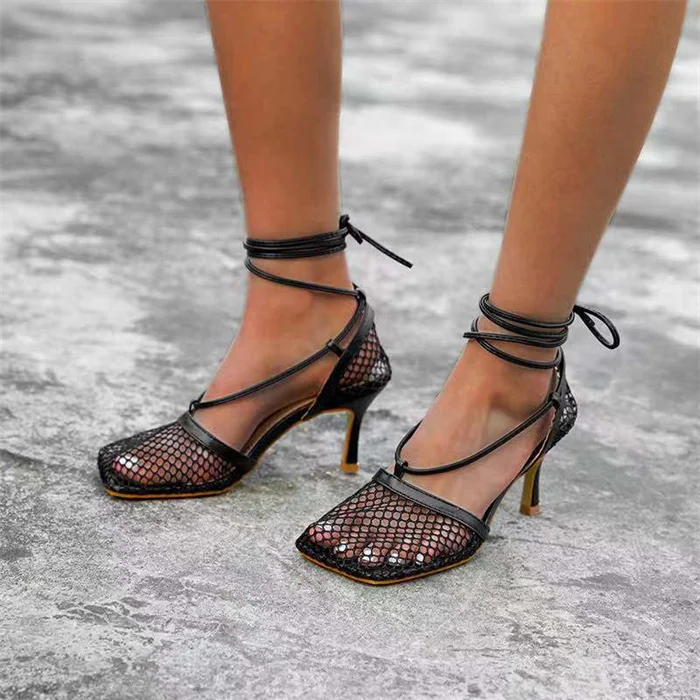 Designer  hight heel for lady square toe lace up heels black mesh sandals rope low heel slipper for women summer