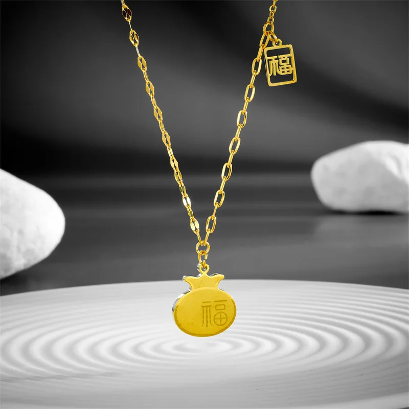 Titanium Steel Blessing Card Necklace Female Chinese Style Light Luxury Temperament Gourd Purse Fortune Clavicle Chain Net Red-F