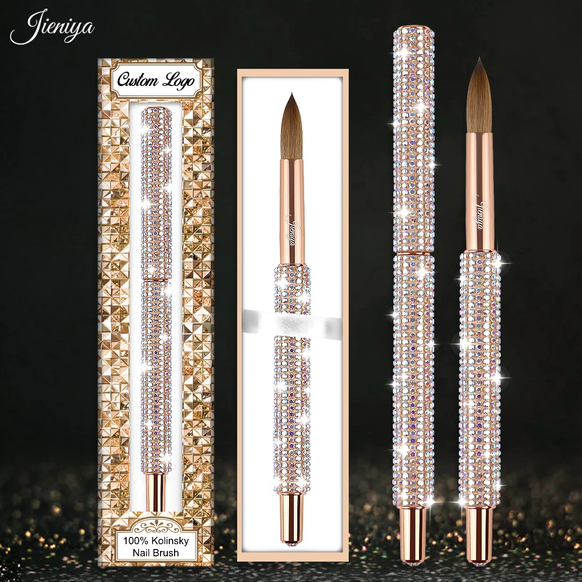 Rhinestones decorated non-slip stylish shiny handle kolinsky hair acrylic brush for acrylic nails