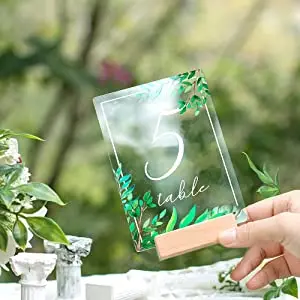 Acrylic Table Numbers For Wedding 1-20 With Natural Wood Stands Greenery Calligraphy