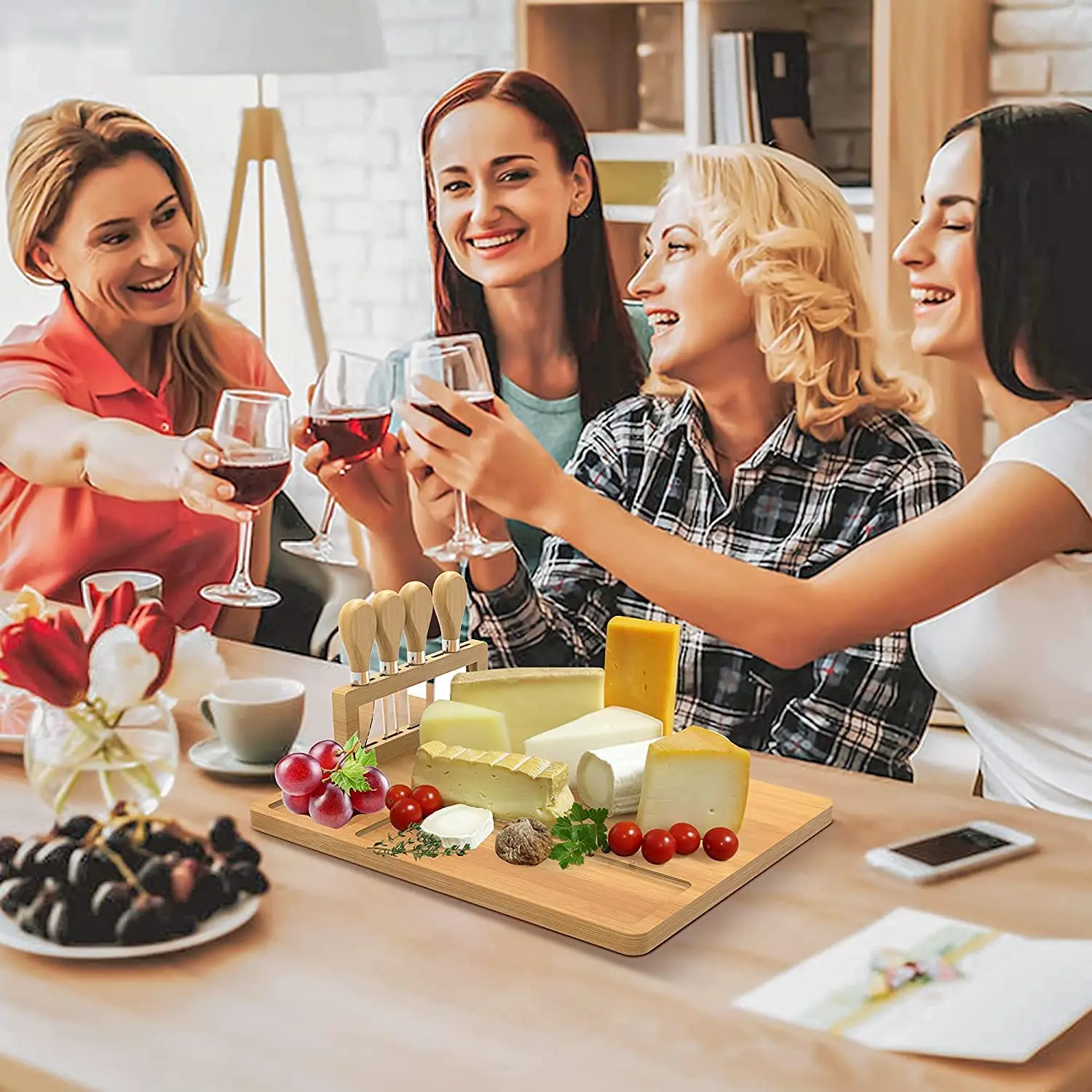 Bamboo Cheese Board Cheese Tray with 4 Stainless Cutlery Set Charcuterie Board and Serving Meat Platter