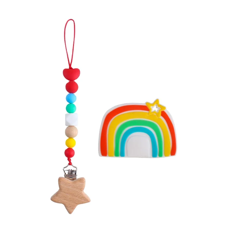 
Cute Cartoon Rainbow Baby Silicone Teether Toy With Silicone Teething Beads Baby Pacifier Star Shape Clip Holder Infant Teething 