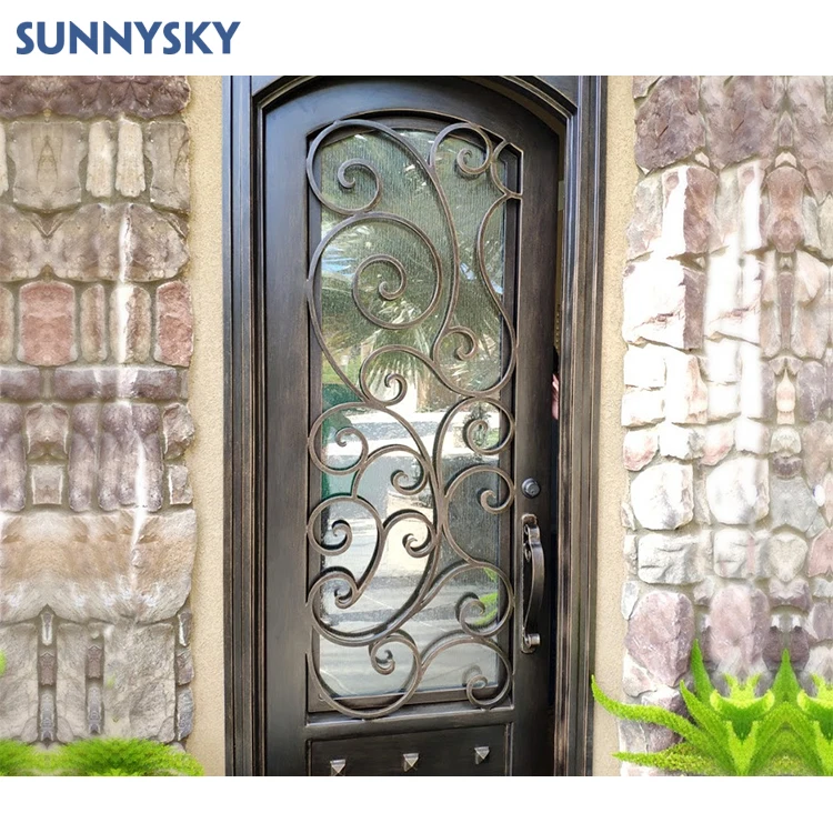 Sunnysky Hot-Sale Handcrafted Custom Wrought Iron Door with double tempered glass