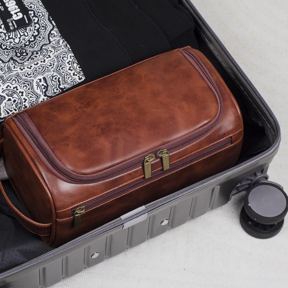 Large Capacity Cosmetic Storage Bag  Travel leather toiletry bag Multi-functional storage box Durable handbag Leather Zipper