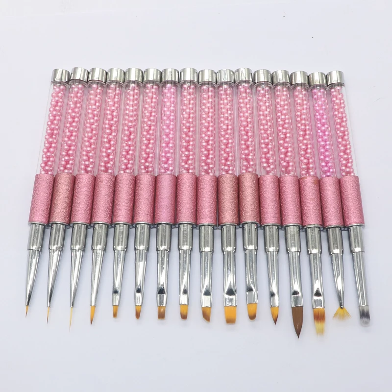 Professional 16pcs Gel Nail Brushes Set with Pearl Acrylic Handle Manicure Oval Flat 3D Detail Brush for Acrylic Nail
