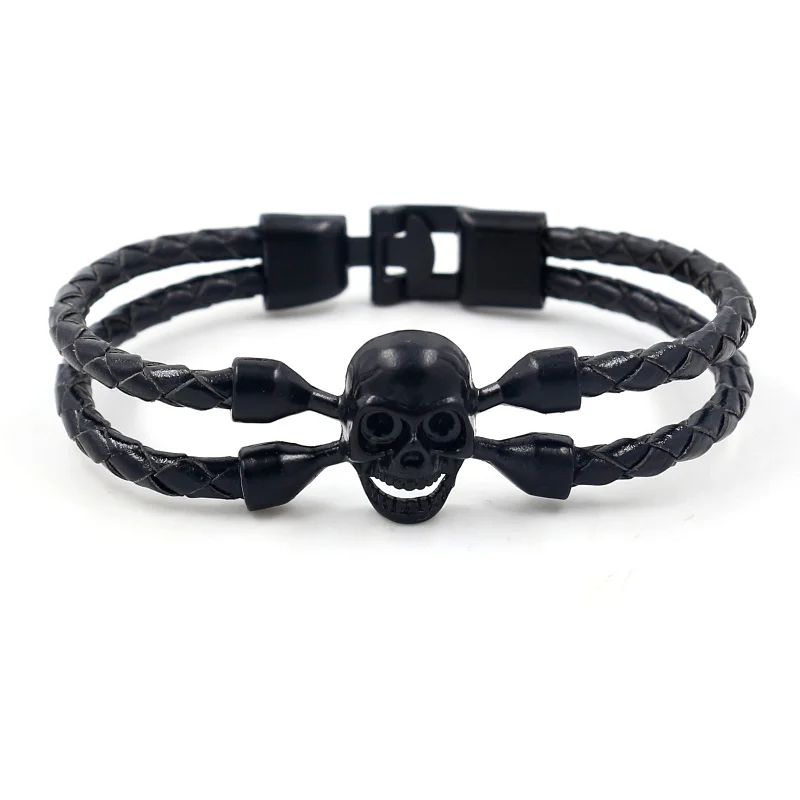 Neo-Gothic Jewelry Ghost Head Alloy Skull Leather Braided Bracelet for Men