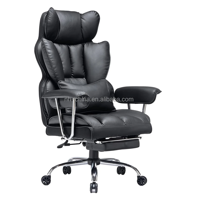 Heavy duty beige synthetic leather lumbar support executive reclining office chair with footrest