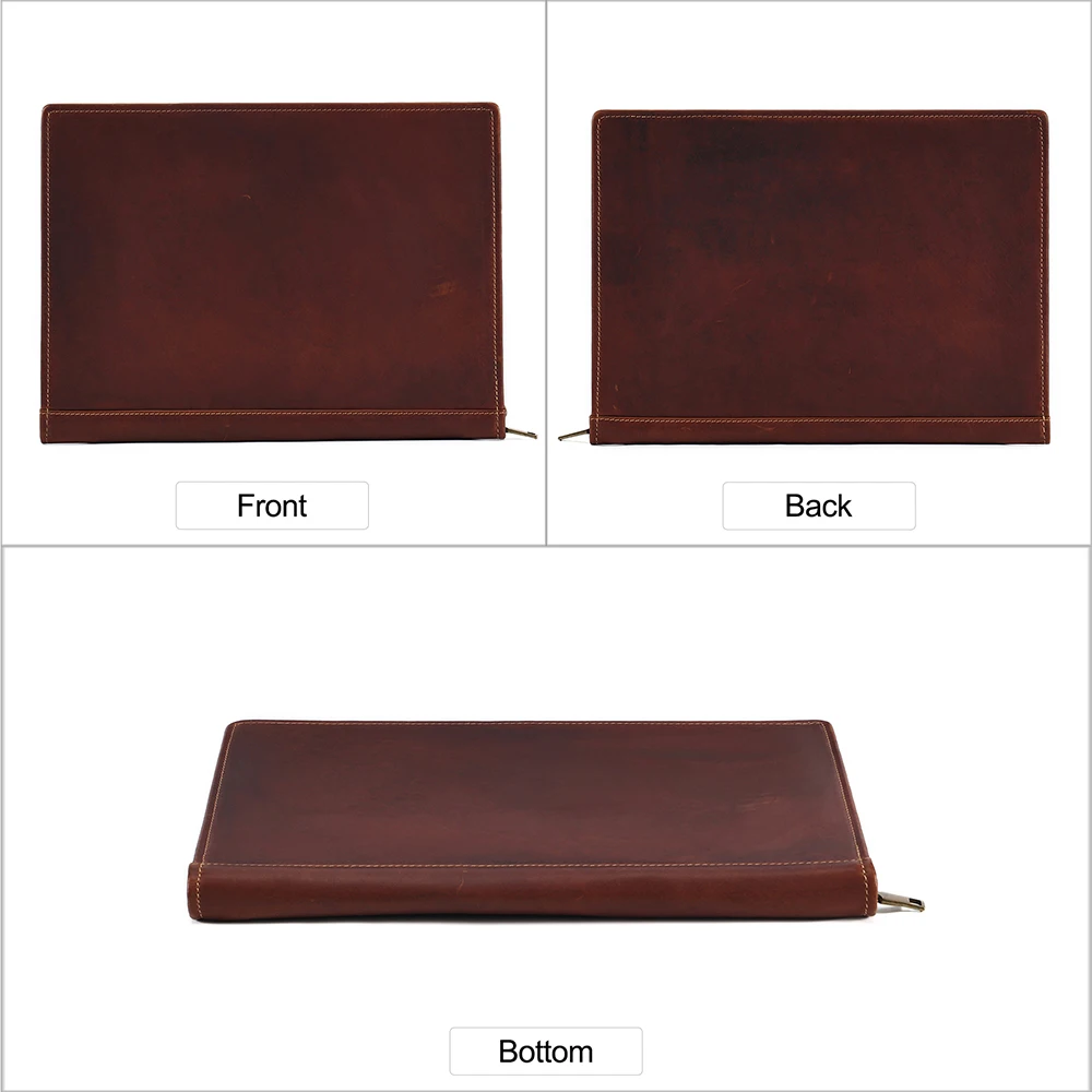 Business Genuine Leather A4 Conference File Folder Document Holder Organizer Bag Zipper Portfolio Folder for 12.9 inch Ipad
