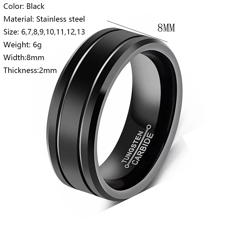 Y054 Hot Selling Minimalism Jewelry Black Center Grooved Beveled Edges Wedding PVD Stainless Steel Rings for Men