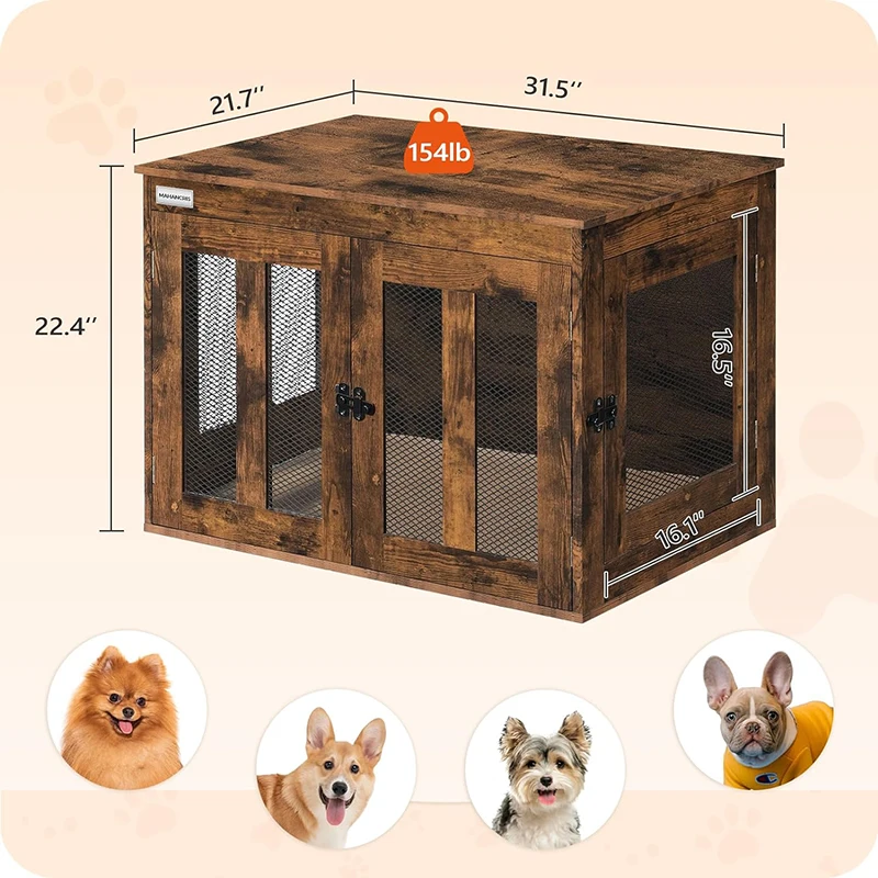 Dog Crate Furniture,  Heavy-Duty Dog Cage with Multi-Purpose Removable Tray, Double-Door Dog House, Rustic Brown