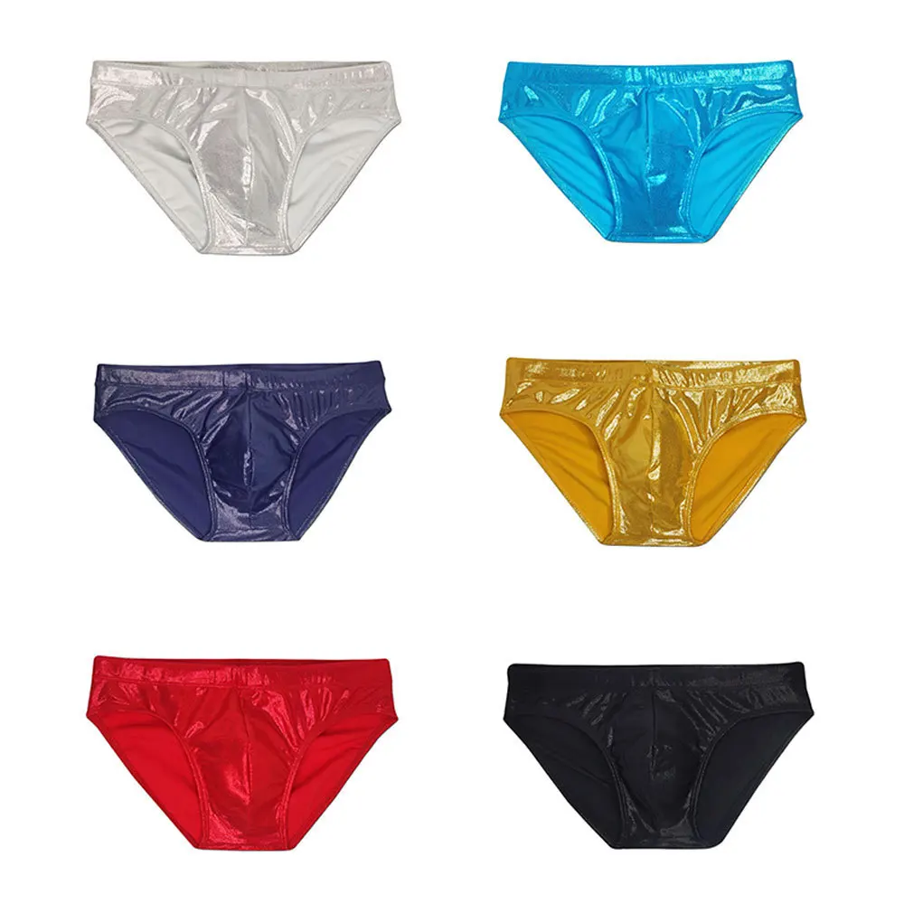 European Sexy Swim Briefs Low Waist Swimsuit Imitation Leather Glitter Triangle Swimming Trunks