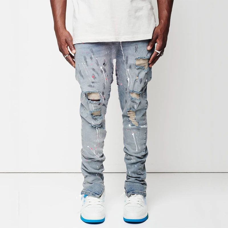 England New design jeans men paint slim fit cotton ripped denim pants customized LOGO knee damage  light blue jeans