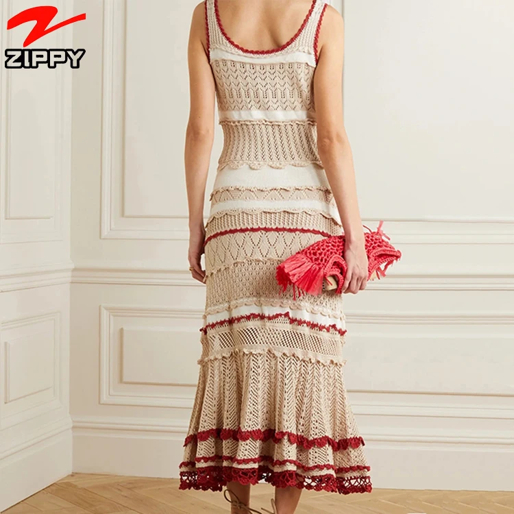 Fashion Custom Lady Sleeveless Striped Pointelle-Knit Stretch-Cotton Mermaid Side Slit Design Women Casual Midi Dress