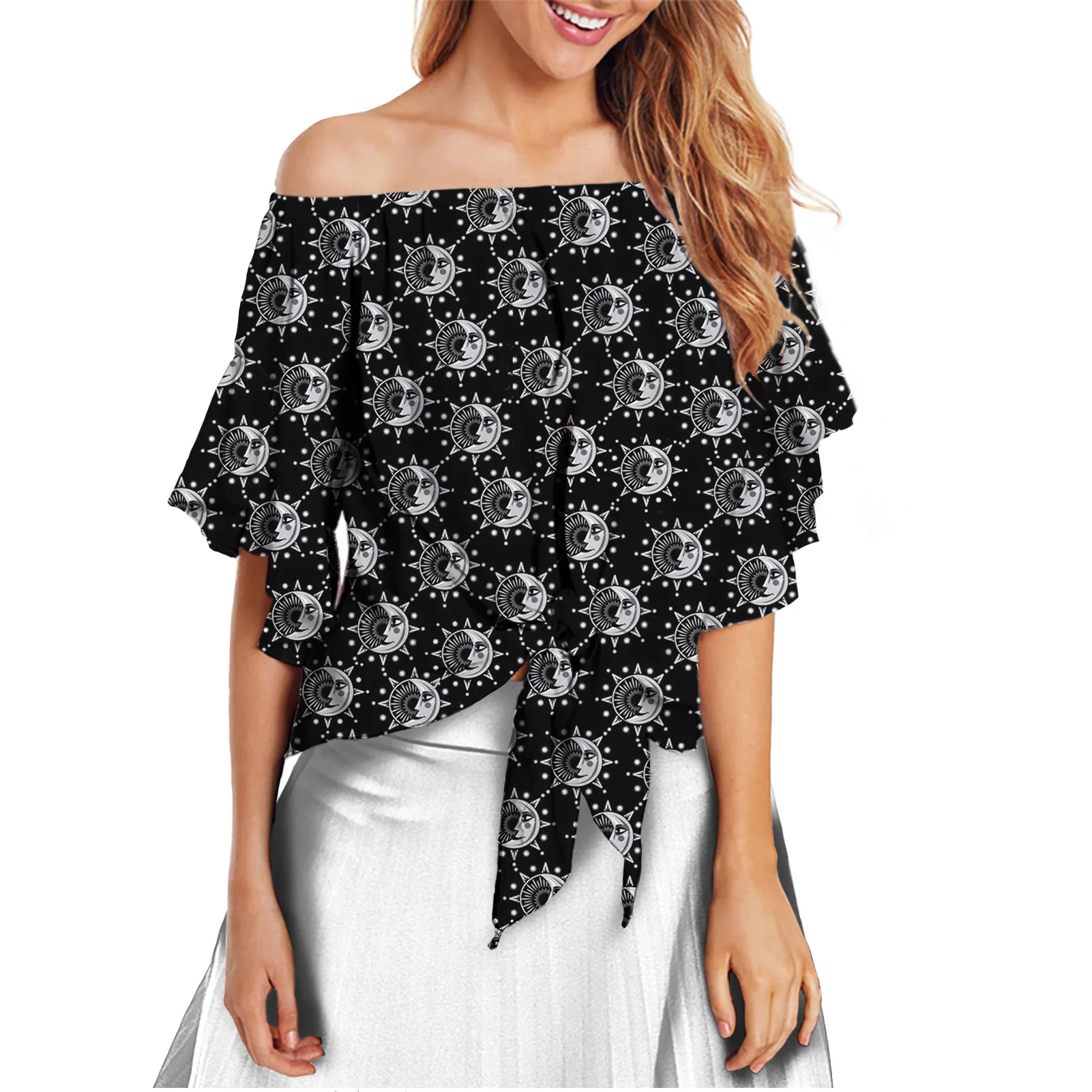 
Fancy Sun Moon Print Blouse Tops for Women Trendy Fashion Off The Shoulder Shirts Bell Sleeve Tie Knot Summer Short Sleeve 