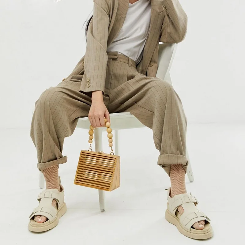 
Women Retro Handmade Bamboo Handbag Fashion wooden woven Tote Bags Causal Beach Hollow Shoulder Cult Bag Straw Beach Bag 