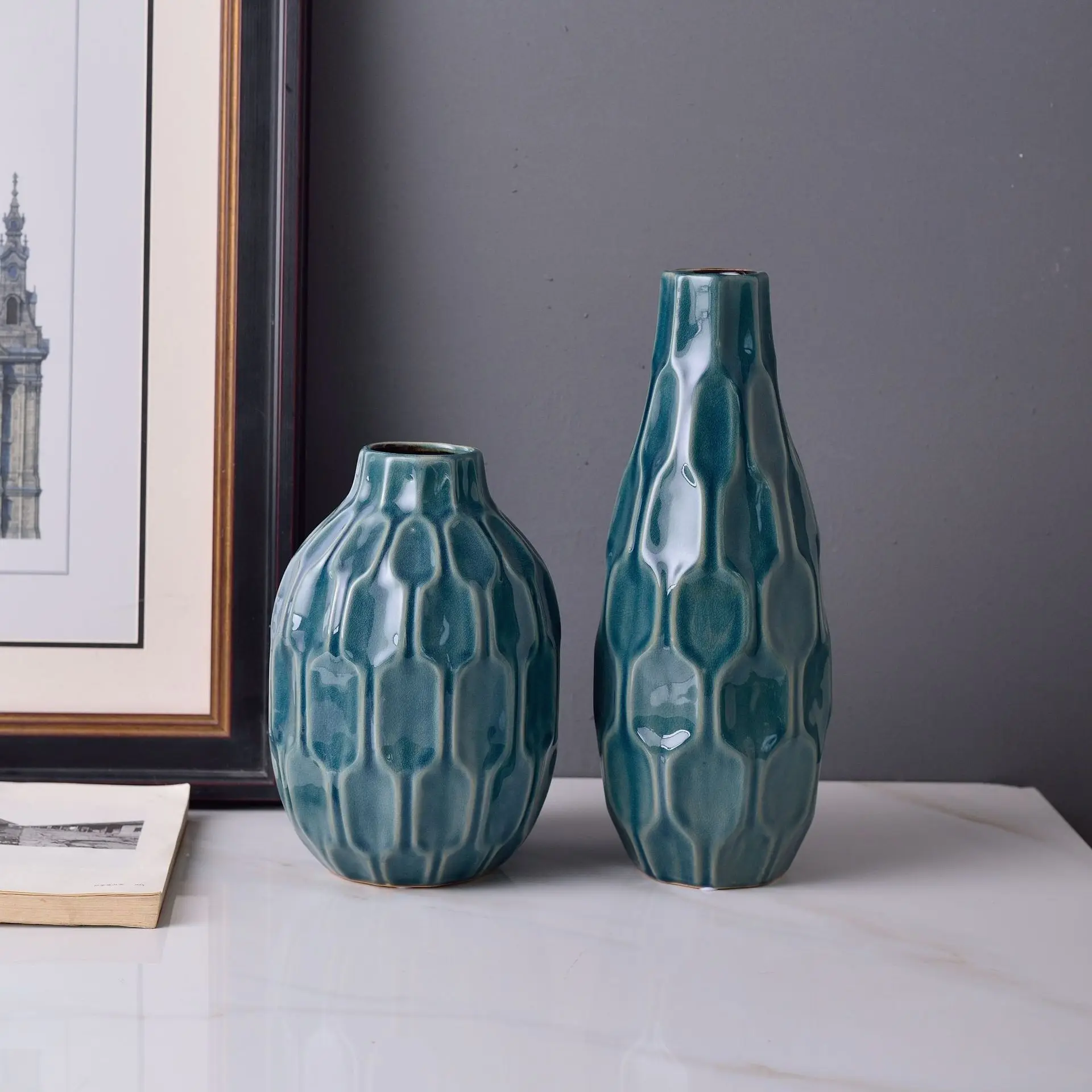 Retro Garden Design Blue Ceramic Flower Vase Ornaments For Home Decoration Wholesale Vase