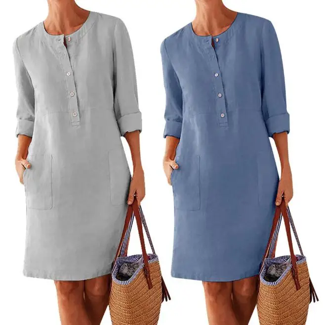 
Cotton And Linen Dress Medium And Long Sleeved Shirt Skirt Casual Dress For Women GAO 