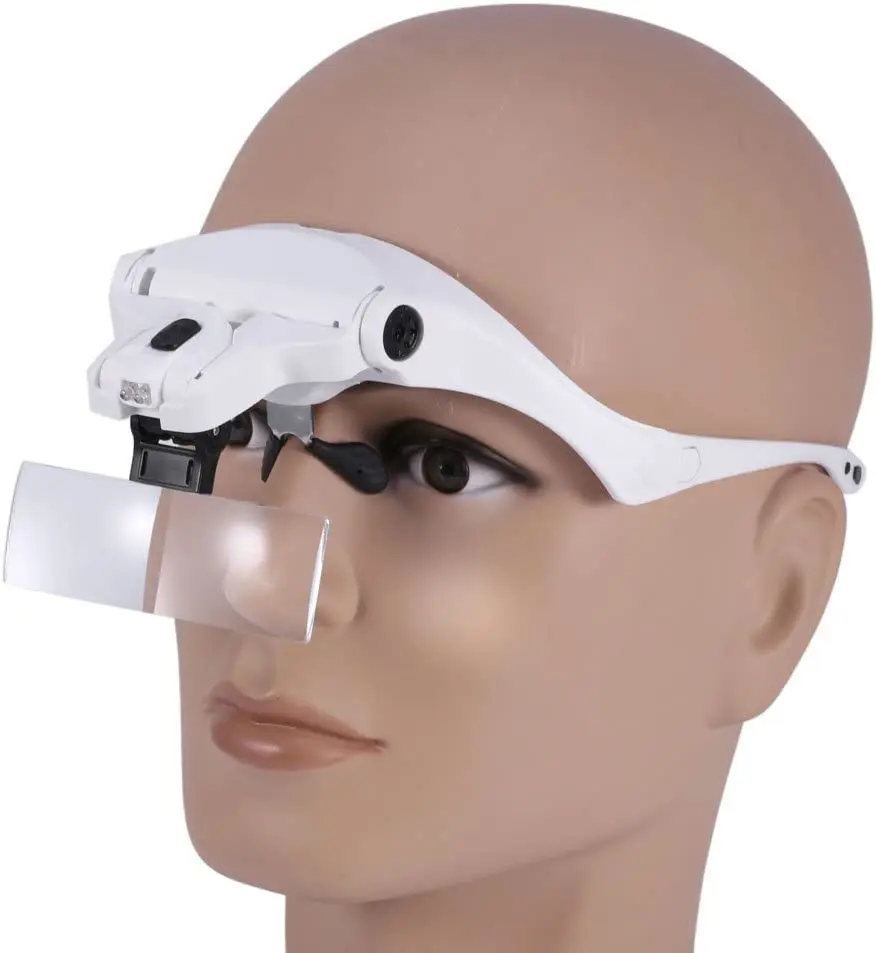 Portable Head Wearing Magnifying Glass Lens Eyeglass Interchangeable Mount Bracket Headband Magnifier with 2 LED Lights 5 Lenses