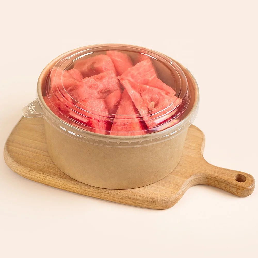 customize logo printing disposable kraft paper bowl paper salad box round paper container with OPS lid for fast food fruit snack