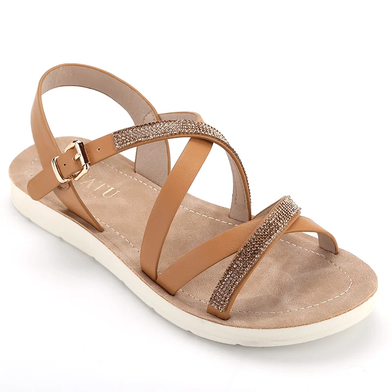 Summer Rhinestone Shiny Ankle Strap Casual Ladies Shoes And Sandals