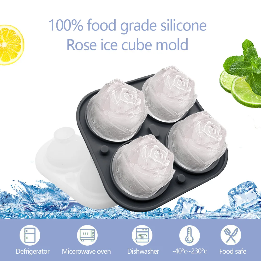 4 Cavity Homemade 3D Rose Flower Shape Silicone Easy Pop Out Whisky Ice Cube Tray Ball Mold Mould Maker