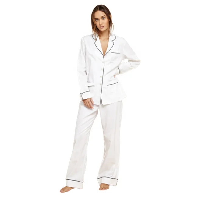 Wholesale Winter Women Long Sleeve Custom Made Two Piece White Knit Cotton Pajamas