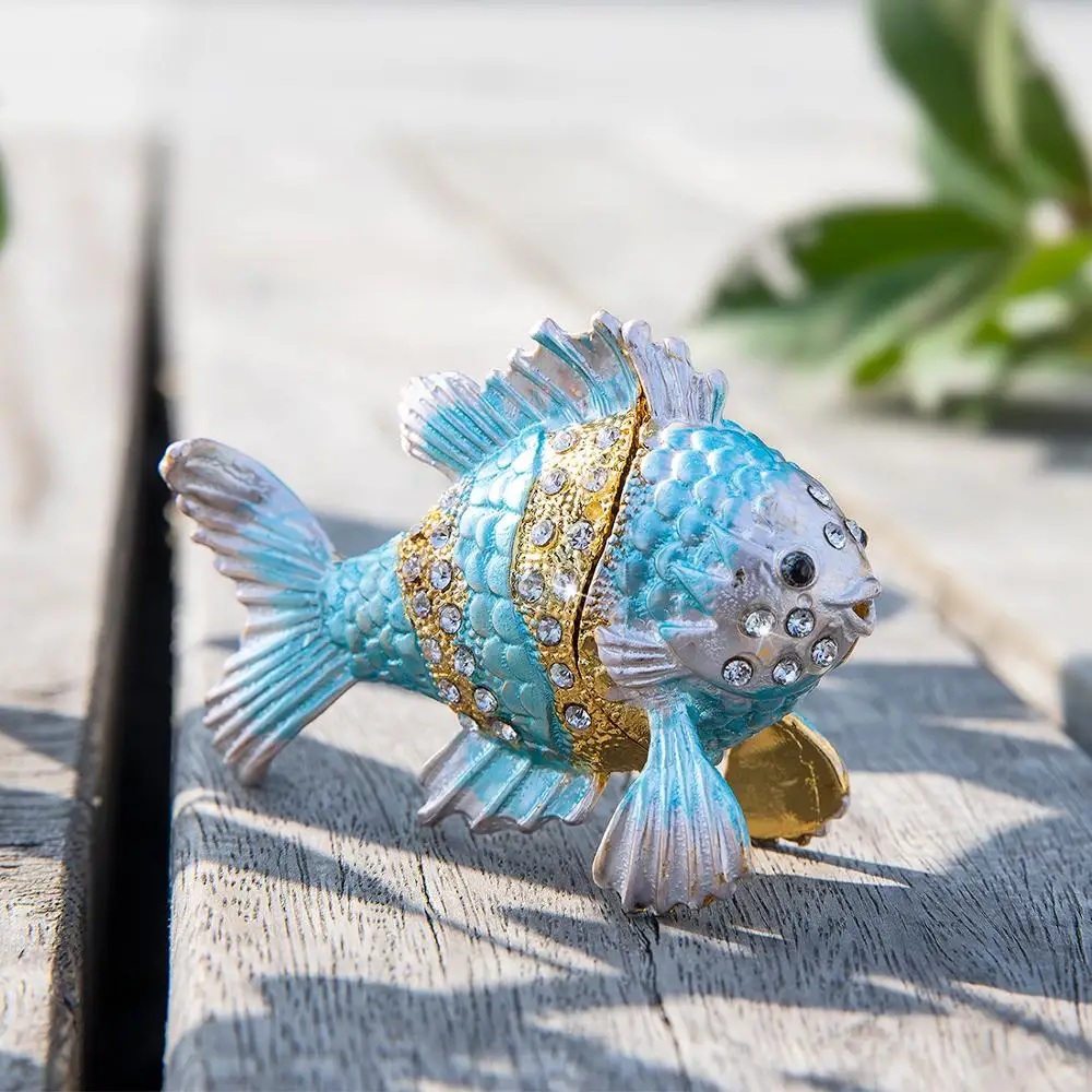 H&D Tropical Fish Trinket Box Hinged Hand-Painted Animal Figurine Collectible Ring Holder