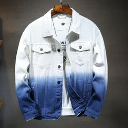 New Denim Jacket Hip Hop Streetwear Fashion Loose Men Gradient Red Blue Black White Design Jeans Jacket